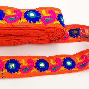 Orange Floral Mirrored Trim With Royal Blue Flowers And Fuchsia Pink Paisley Embroidery, Decorative Trimming, Trim By 3 Yards